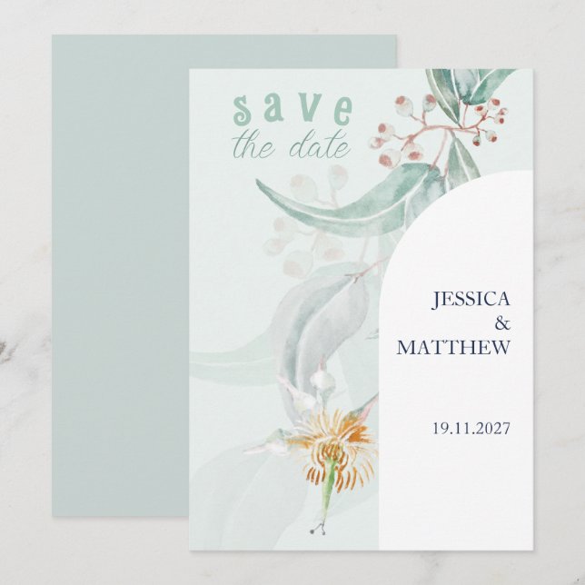 Reserva La Fecha Ilustracion acuático Eucalyptus bohemio (Anverso / Reverso)