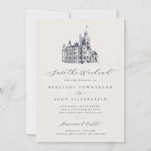 Reserva La Fecha Ilustración de Castillo Elegante para Boda de Fin