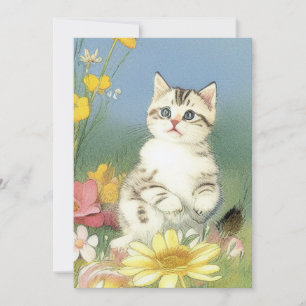 Reserva La Fecha Ilustracion de gatito vintage con flores amarillas