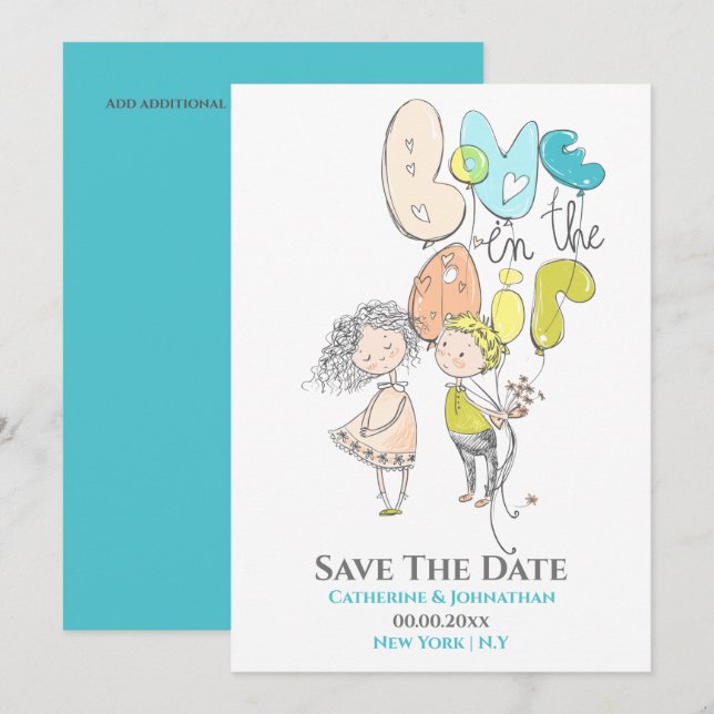 Reserva La Fecha Ilustración de linda pareja enamorada en aire acuá (Anverso / Reverso)