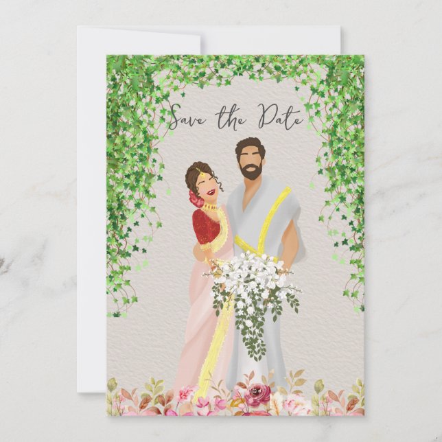 Reserva La Fecha Ilustracion de pareja boda Tamil (Anverso)