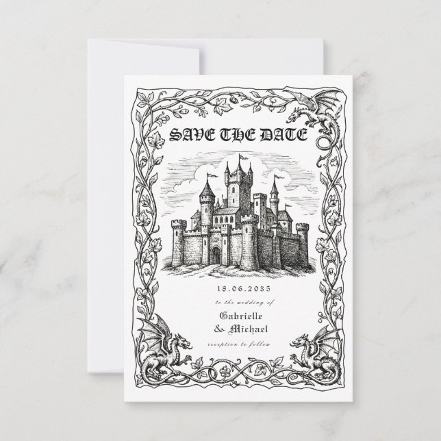 Reserva La Fecha Ilustración en blanco y negro de castillo medieval (Anverso)