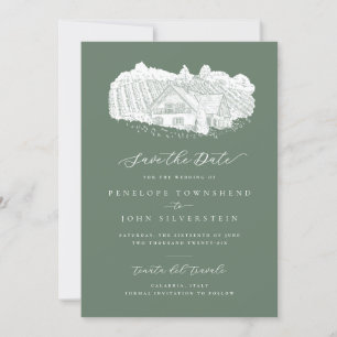 Reserva La Fecha Ilustracion rústico de viñedos Sage Green Boda