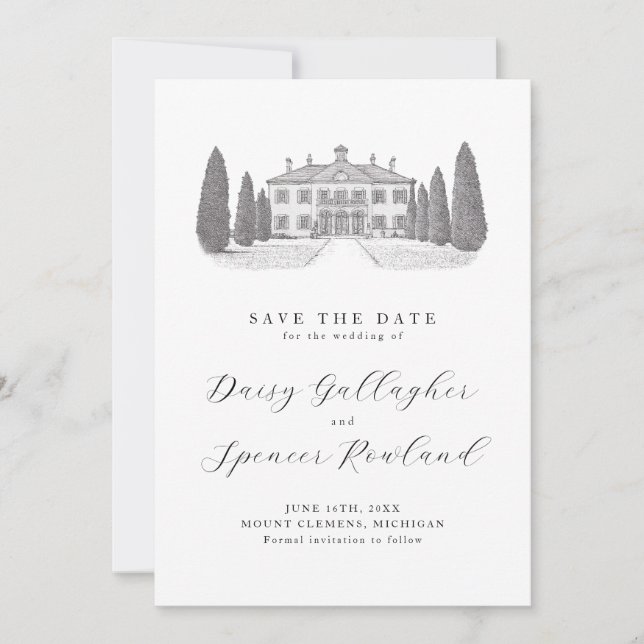 Reserva La Fecha Ilustración Sencilla del Lugar Elegante Boda  (Anverso)
