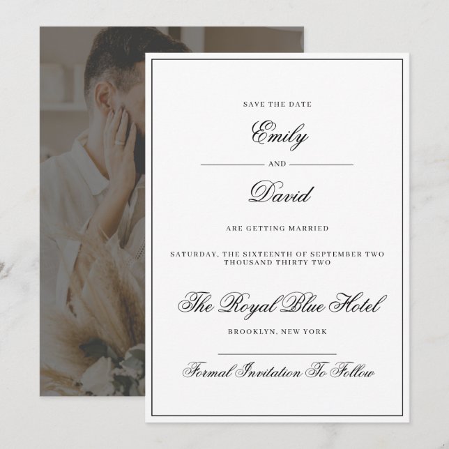 Reserva La Fecha Imagen clásica blanca y negra elegante (Anverso / Reverso)