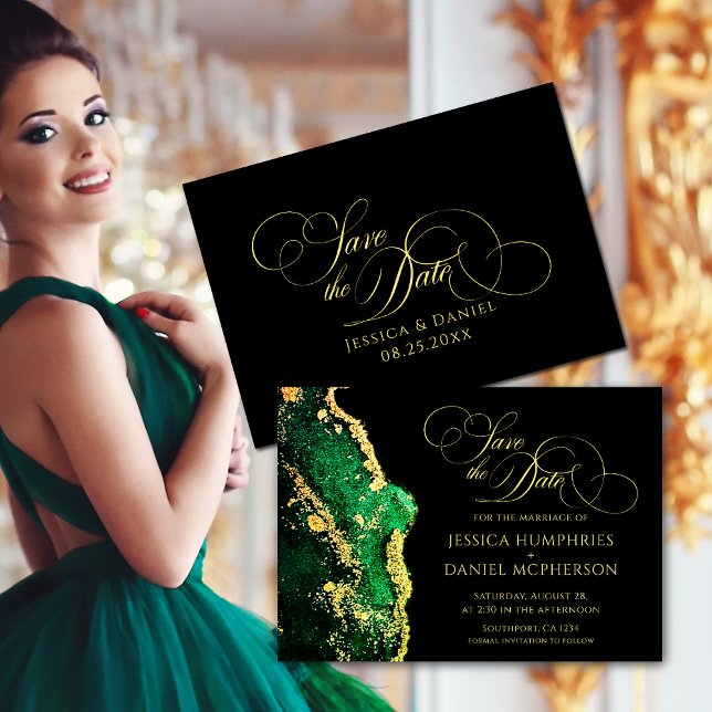 Reserva La Fecha Impresionante Boda de oro negro verde esmeralda (Stunning Emerald Green Black Gold Wedding Save The Date)