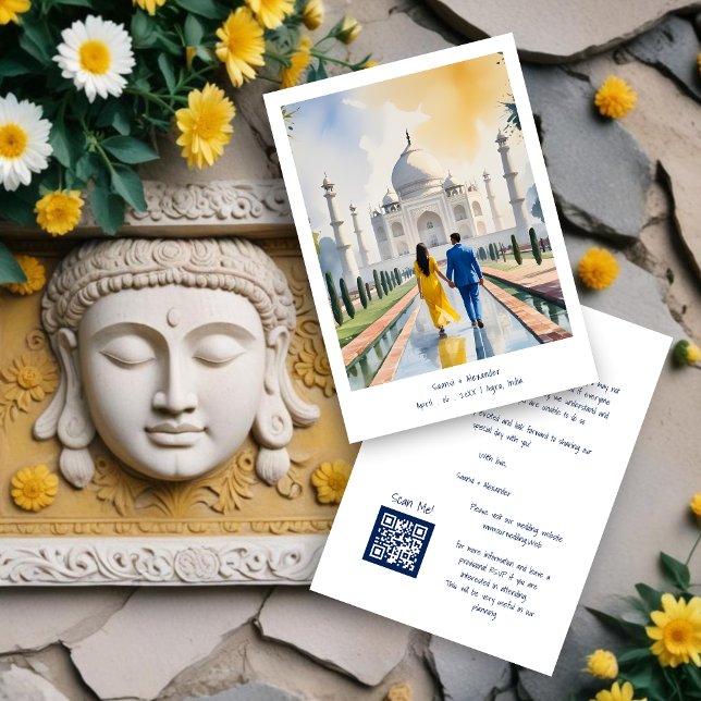 Reserva La Fecha India Agra Taj Mahal Romantic Cityscape Wedding Co (India Agra Taj Mahal Romantic Cityscape Wedding Couple Illustration Save the Dates Cards.)