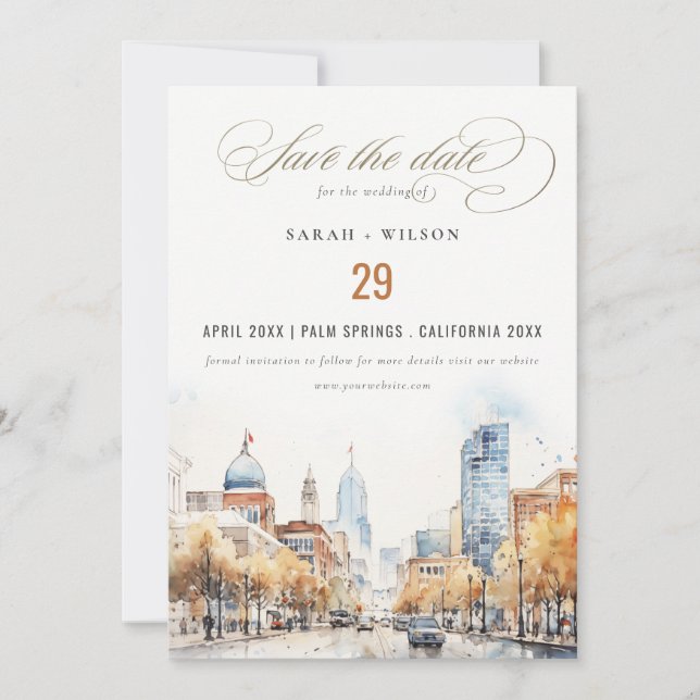 Reserva La Fecha Indianapolis, Indiana Watercolor Landscape Wedding (Anverso)