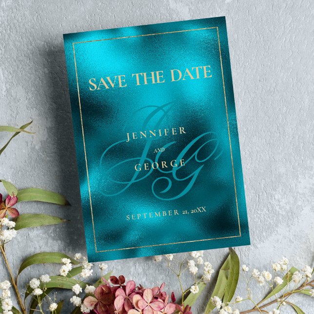 Reserva La Fecha Iniciales de monograma metálico turquesa Guardar l (Turquoise metallic monogram initials Save The Date)