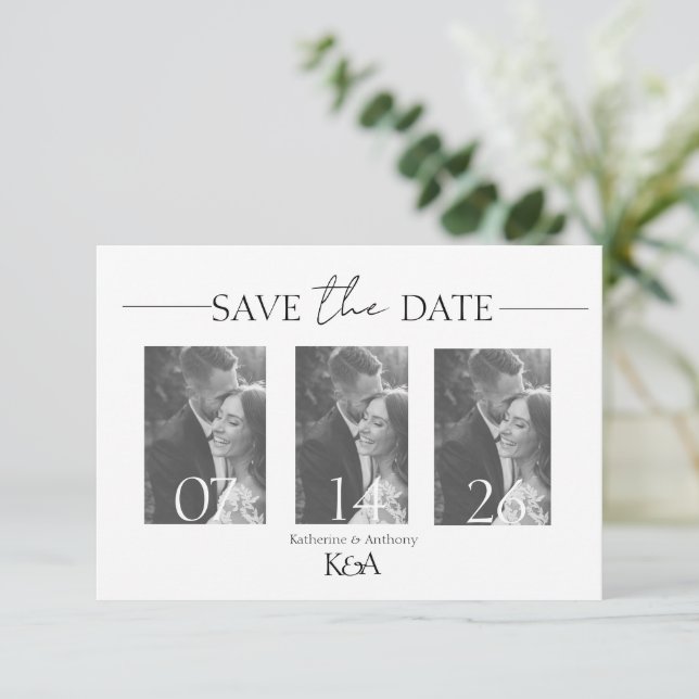 Reserva La Fecha Iniciales de parejas cursivas de fotos triples y b (Anverso de pie)