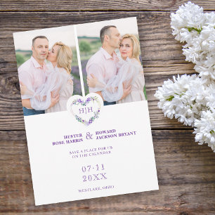 Reserva La Fecha Iniciales Floral Purple Heart 2 Fotos en Blanco