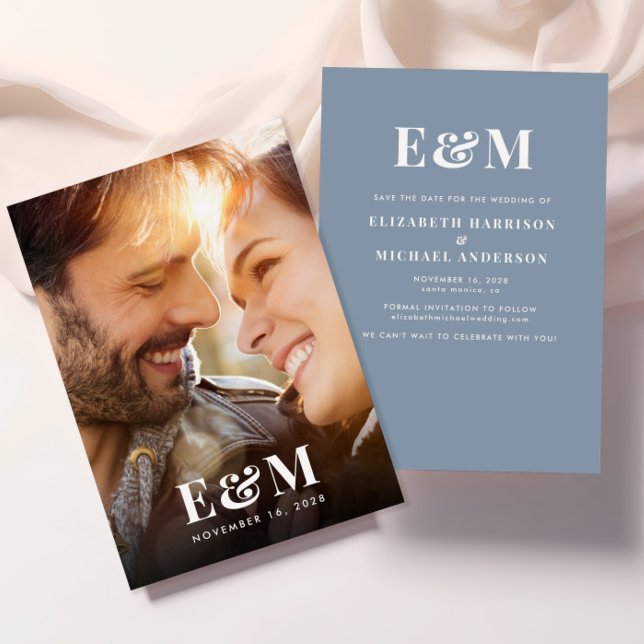 Reserva La Fecha Iniciales monogramas modernos Foto Dusty Blue (Subido por el creador)