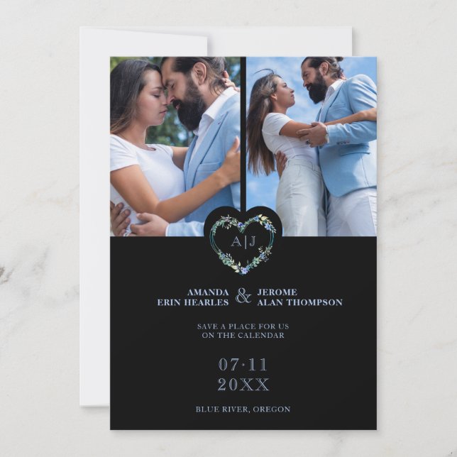 Reserva La Fecha Initials Floral Blue Heart 2 Photos on Black (Anverso)