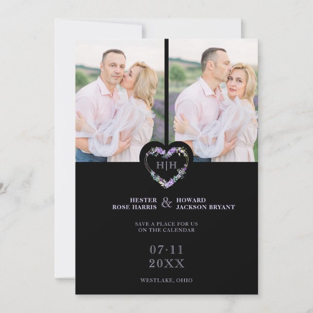 Reserva La Fecha Initials Floral Purple Heart 2 Photos on Black (Anverso)