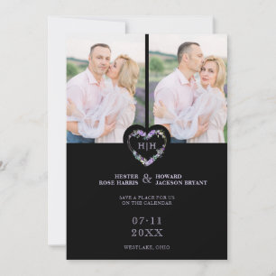 Reserva La Fecha Initials Floral Purple Heart 2 Photos on Black