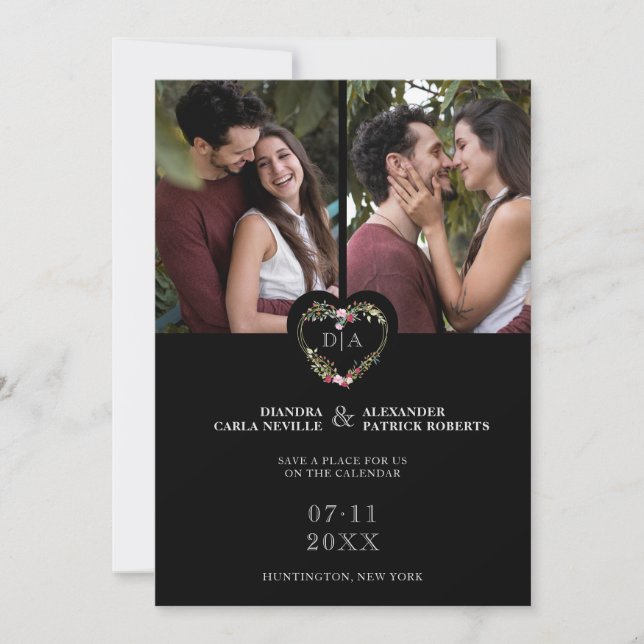 Reserva La Fecha Initials Floral Red Heart 2 Photos on Black (Anverso)