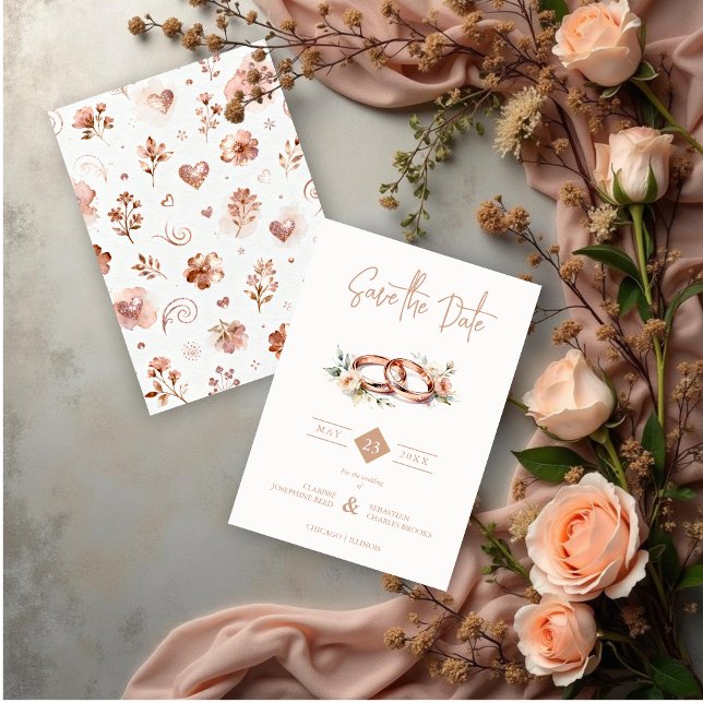 Reserva La Fecha Intertwined Timeless Wedding Rings in Rose Gold (Intertwined Timeless Wedding Rings in Rose Gold Effect with Flowers Save the Date Cards. )