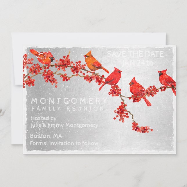 Reserva La Fecha Invierno de Cardenales Rojos de Reunión Familiar (Anverso)