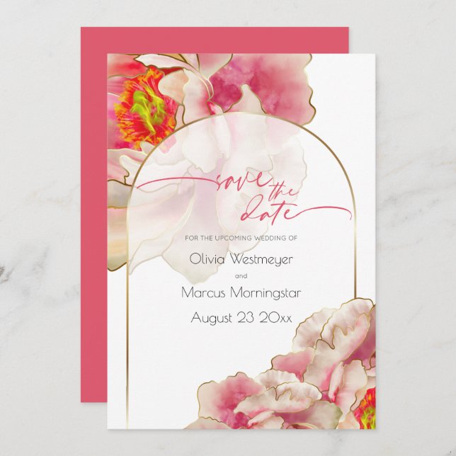 Reserva la fecha | Invitación de Peony Rosa de cor (Anverso / Reverso)