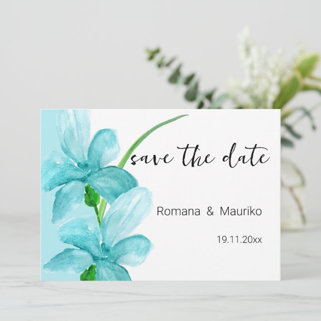 Reserva La Fecha Iris Azul Aquarela Pintado a Mano (Anverso de pie)