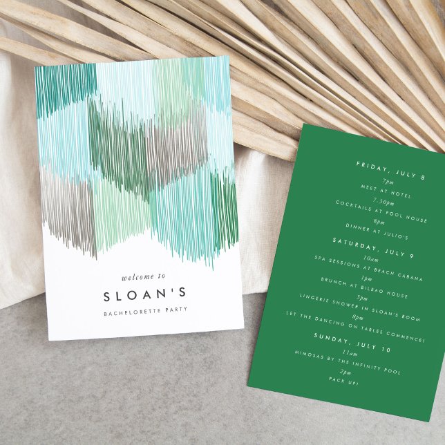 Reserva La Fecha Itinerario de la fiesta de despedida de soltera mo (Green modern fringe fiesta bachelorette party itinerary cards.)