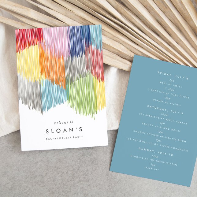 Reserva La Fecha Itinerario moderno de la fiesta de la bachillerato (Colorful rainbow modern fringe fiesta bachelorette party itinerary cards.)