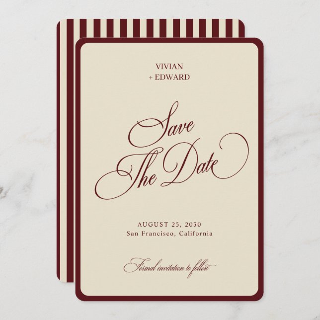 Reserva La Fecha Ivory & Burgundy Stripes Border Retro Wedding (Anverso / Reverso)