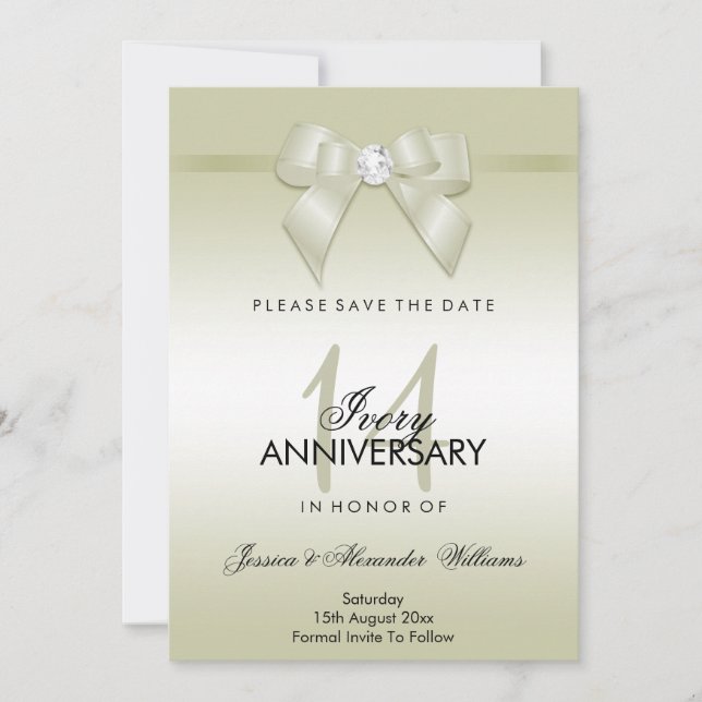Reserva La Fecha Ivory Gem Bow y Ribbon decimocuarto aniversario Bo (Anverso)