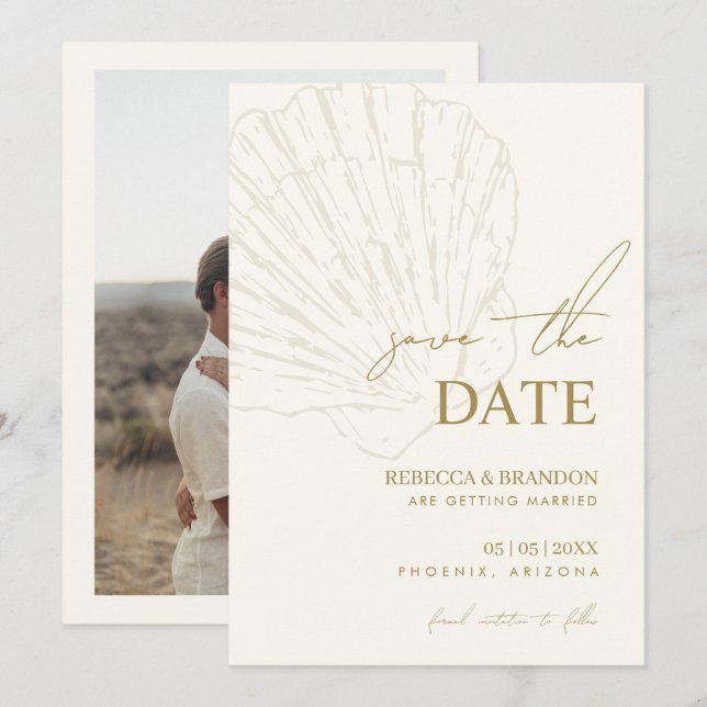 Reserva La Fecha Ivory & Gold Hand Drawn Coastal Seashell Wedding (Anverso / Reverso)