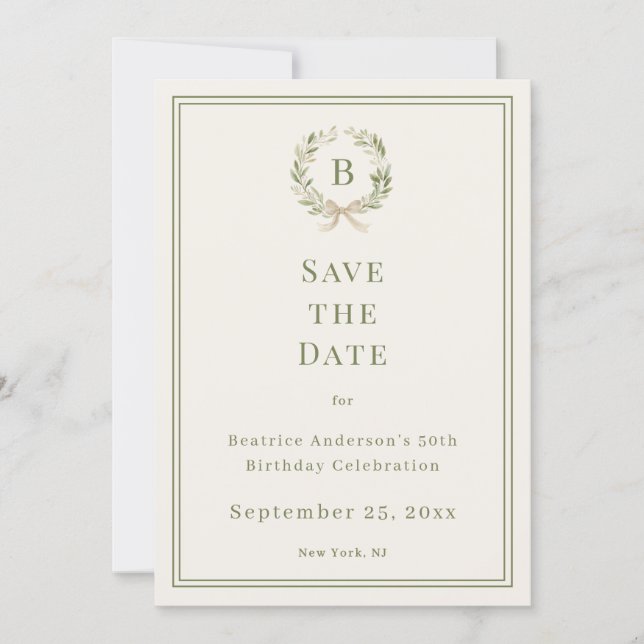 Reserva La Fecha Ivory green monogram wreath birthday save the date (Anverso)