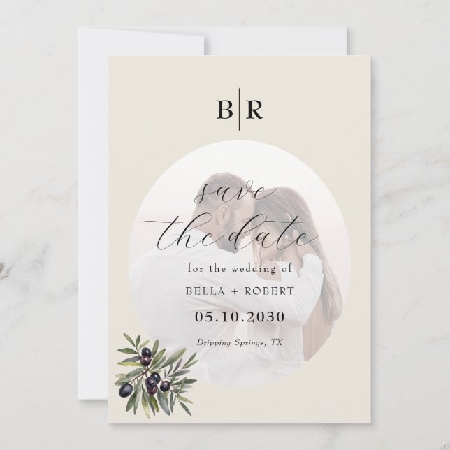 Reserva La Fecha Ivory Olive Branch Monogram Photo Wedding (Anverso)