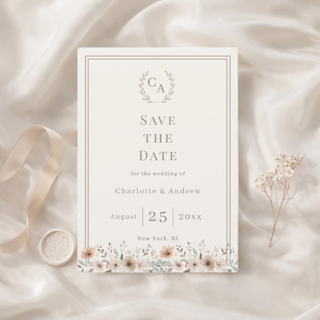 Reserva La Fecha Ivory taupe monogram floral wreath wedding (Subido por el creador)
