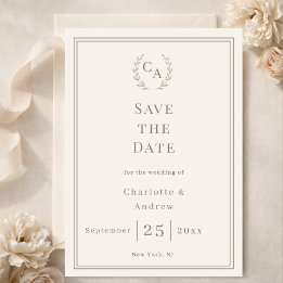 Reserva La Fecha Ivory taupe monogram wreath wedding