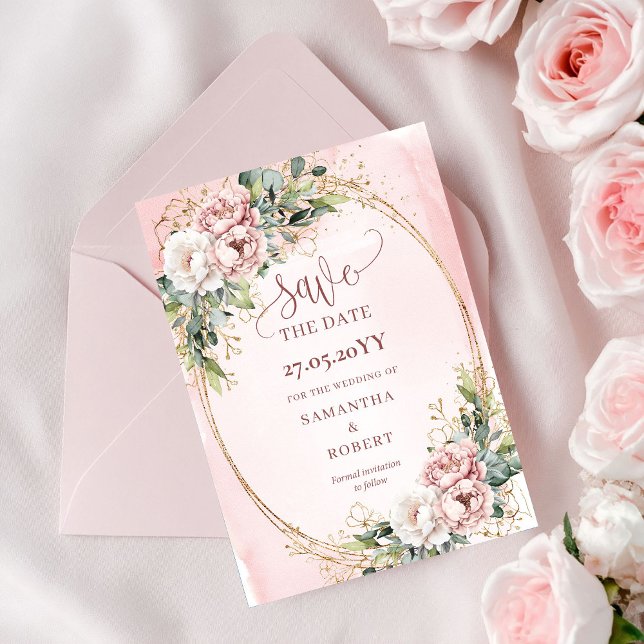 Reserva La Fecha Jardín Bohemio Flores Rosadas de Avergonzada Guard (Garden Bohemian Blush Pink Flowers Save The Date)