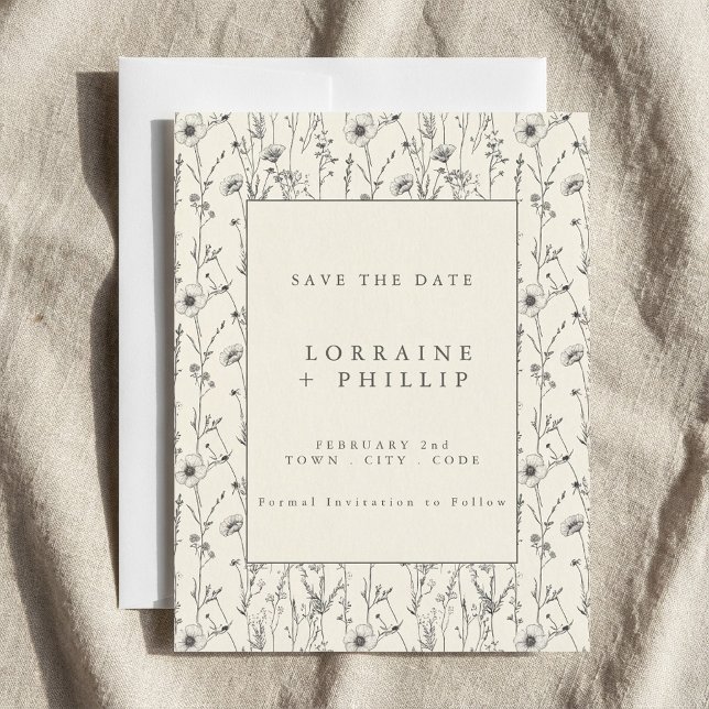 Reserva La Fecha Jardín de delicadas flores silvestres para boda (Delicate wild flowers garden wedding save the date.)