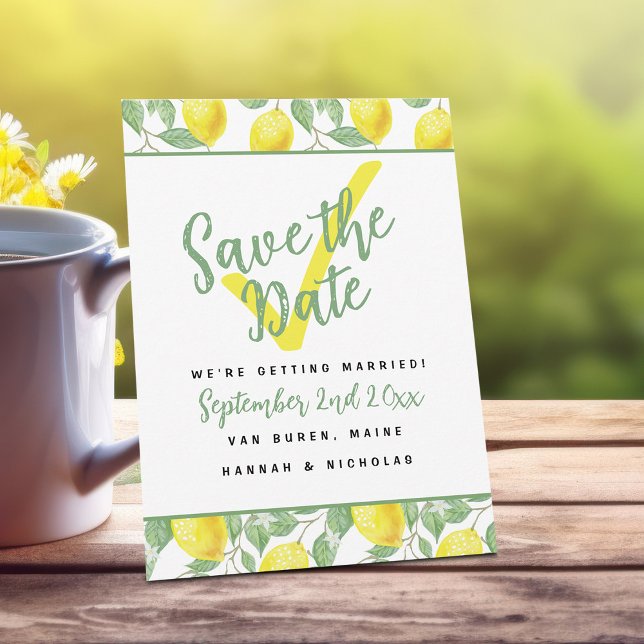 Reserva La Fecha Jardín de verano de limón Moda fresca Boda botánic (Cheerful Summer Lemon Pattern Save the Date Wedding Announcement)