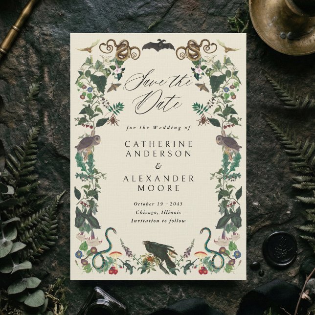 Reserva La Fecha Jardín Encantado Boda Botánica Gótica (Dark romantic subtle gothic wedding save the date card with vintage plants and animals frame)