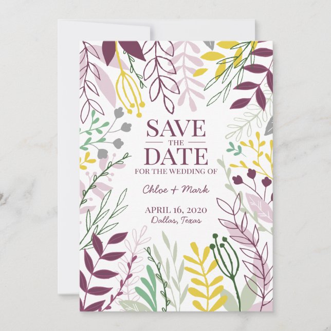 Reserva La Fecha Jardín Floral Boho Verano Otoño Cassis MellowYello (Anverso)