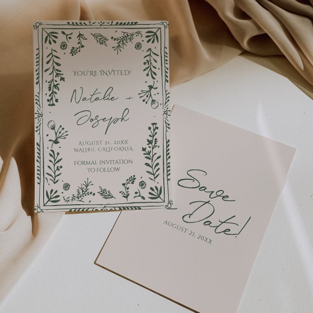 Reserva La Fecha Jardín Floral de Mano Verde Oscuro Boho Boda (Subido por el creador)