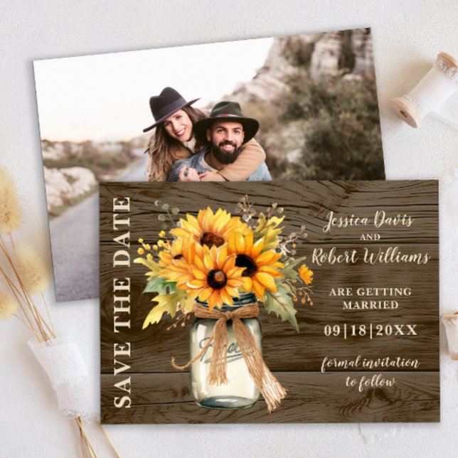 Reserva La Fecha Jarra de Mason de Girasol Rústico para Guardar la  (Rustic Sunflowers String lights save the date )