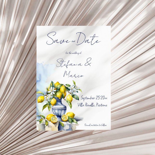 Reserva La Fecha Jarrón azul italiano de Amalfi con limones  (Amalfi Italian blue ceramic vase with lemons wedding Save The Date card editable template download)