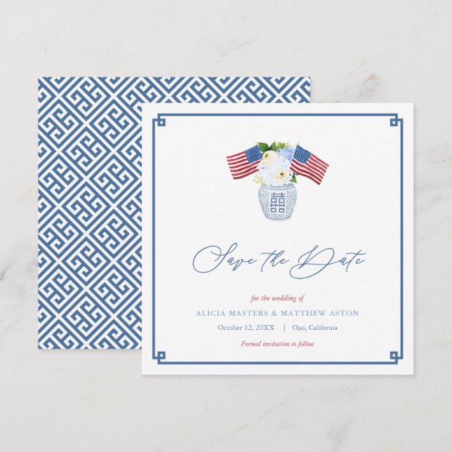 Reserva La Fecha Jarrón de jengibre de boda con bandera estadounide (Anverso / Reverso)