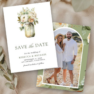 Reserva La Fecha Jarrón de Mason de Rosas Blancas Foto Boda