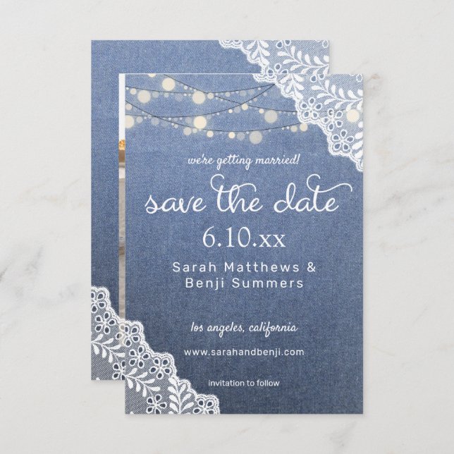 Reserva La Fecha Jean Lace & String Lights Save the Date V2 Photo (Anverso / Reverso)