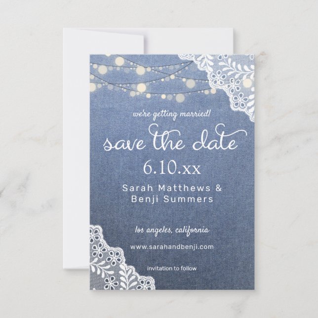 Reserva La Fecha Jeans Lace & String Lights Save the Date V2 (Anverso)