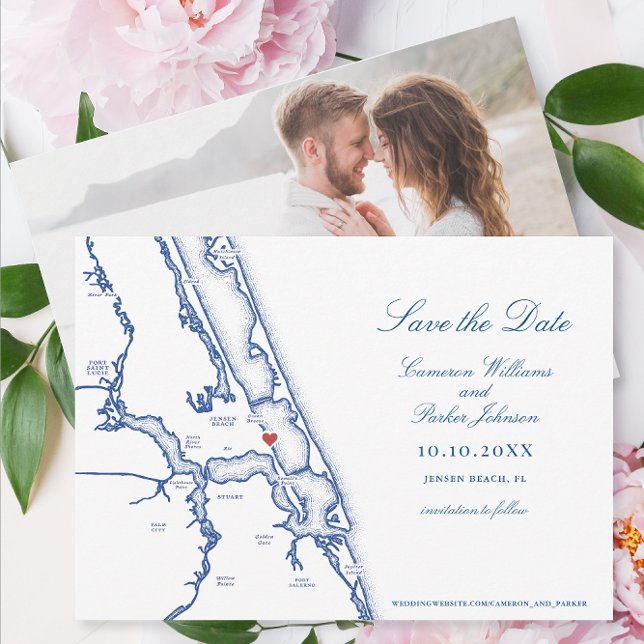 Reserva La Fecha Jensen Beach FL Map Elegante Boda Azul de la Marin (Jensen Beach FL Map wedding Save the Date for an elegant navy blue Mansion wedding )