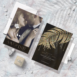 Reserva La Fecha Jewel Palm Leaf Boda Gold ID830 Guardar La Fecha