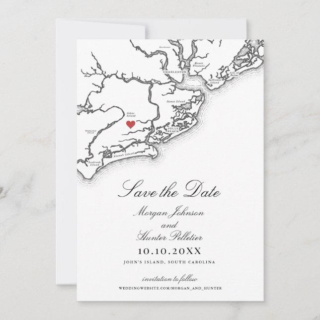 Reserva La Fecha Johns Island SC Map Elegant Black White Wedding (Anverso)