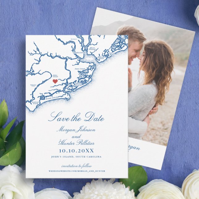 Reserva La Fecha Johns Island SC Map Elegant Navy Blue Wedding (Johns Island SC Map Wedding Save the Date with Photo in Elegant Navy Blue by Coastal Map Designs)