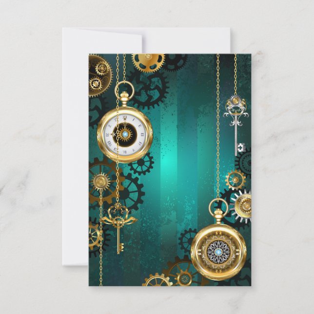Reserva La Fecha Joyería Steampunk Reloj en un Fondo Verde (Anverso)